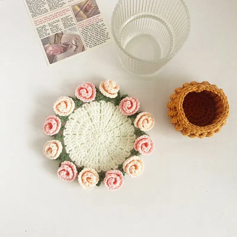 Spring Bloom Crochet Rose Coaster Handmade Gift for Her