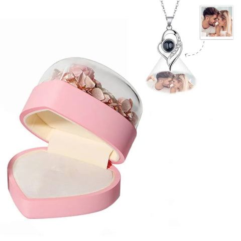 Personalized Heart Rose Jewelry Box with Custom Photo Projection Necklace