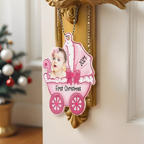Personalized Baby's First Christmas Carriage Ornament with Custom Photo and Text