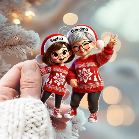3D Effect Happy Grandma with Grandkids Custom Christmas Acrylic Ornament