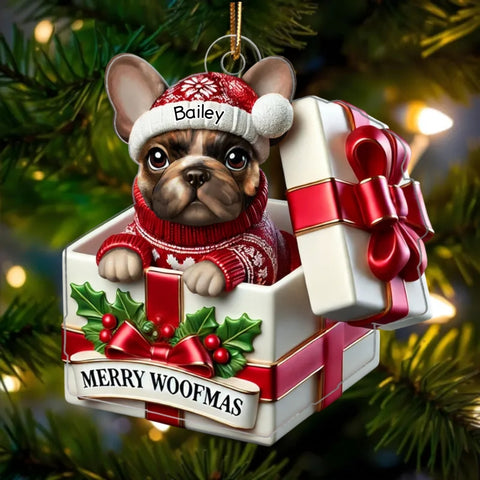 Cute Frenchie Inside Red Gift Box Cutom 2D Flat Acrylic Christmas Ornament 2025