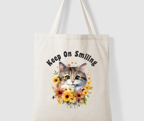Keep On Smiling Cat Canvas Tote Bag