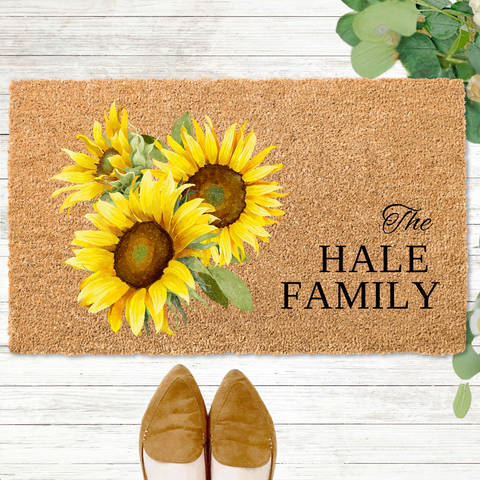 Radiant Sunflower Garden Coir Doormat with Custom Family Name