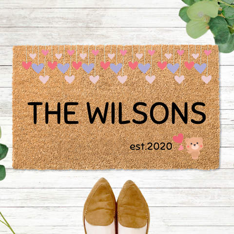Personalized Family Name Cute Heart and Bear Welcome Mat