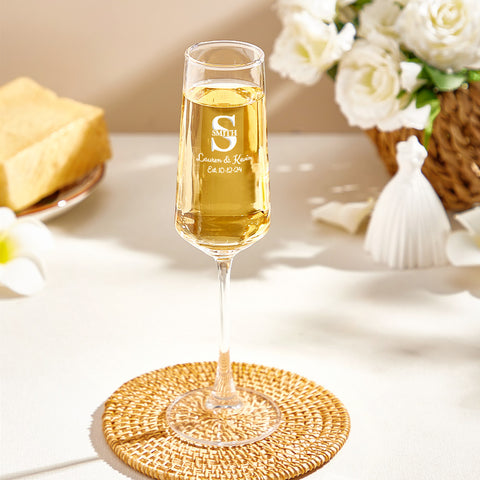 Personalized Bride and Groom Champagne Flutes with Monogram, Names & Date