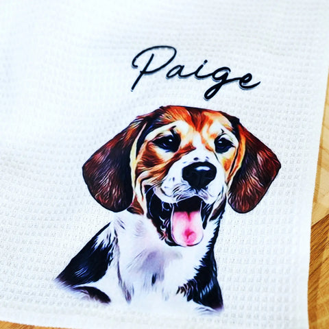 Custom Pet Photo and Name Waffle Tea Towel Oil Painting Style