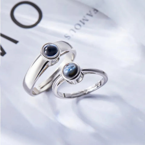 Personalized Photo Projection Ring Set – Adjustable Couple Silver Rings for Him and Her