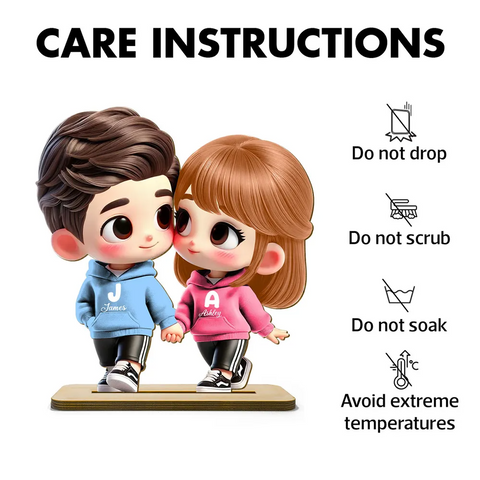 3D Effect Cute Cartoon Couple Holding Hands Custom Standing Wooden Plaque