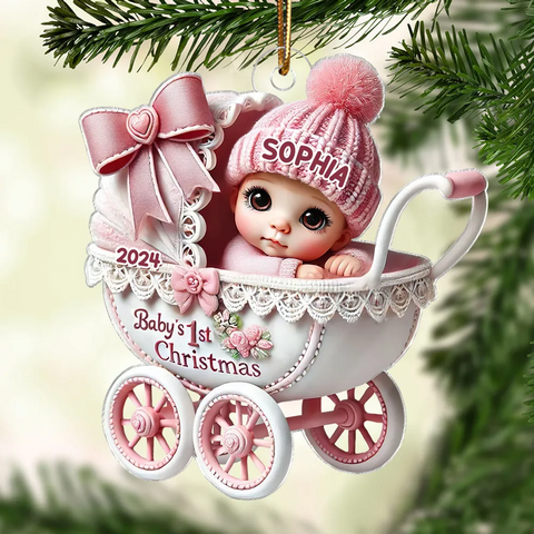 3D Effect Newborn Baby In Carriage Custom Christmas 2025 Acrylic Ornament