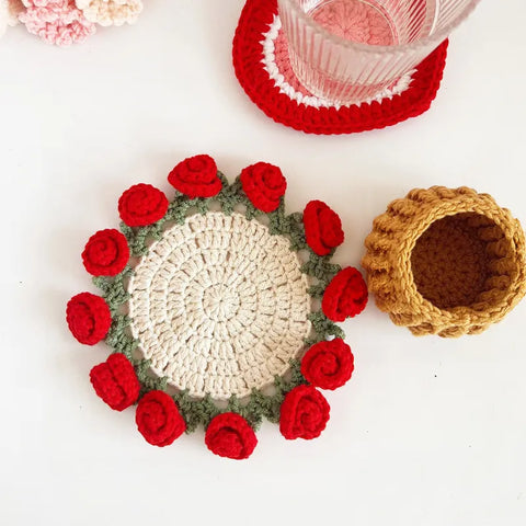 Spring Bloom Crochet Rose Coaster Handmade Gift for Her