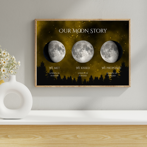 Our Moon Story We Met We Kissed We Proposed Custom Couple Moon Phases Canvas/Framed Poster/Poster