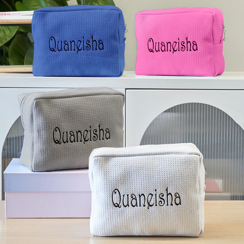 Elegant Personalized Waffle Makeup Bag with Custom Name