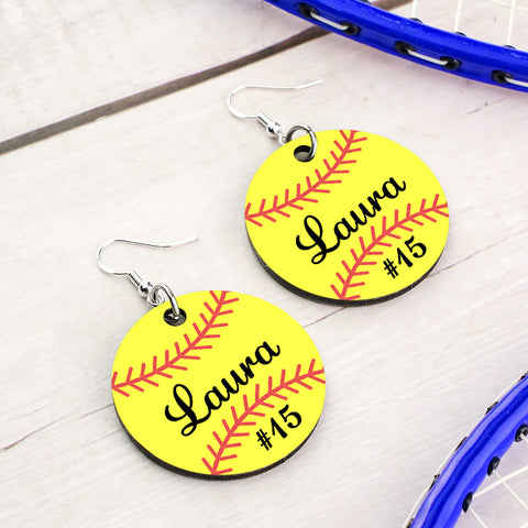 Personalized Wooden Baseball Earrings Custom Name Sports Jewelry