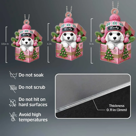 Cute Poodle Dog Inside the Gift Box Custom 2D Flat Acrylic Christmas Pet Ornament