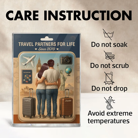 ” Travel Partners For Life" 3D Effect Custom Couple Figurine Acrylic Block 