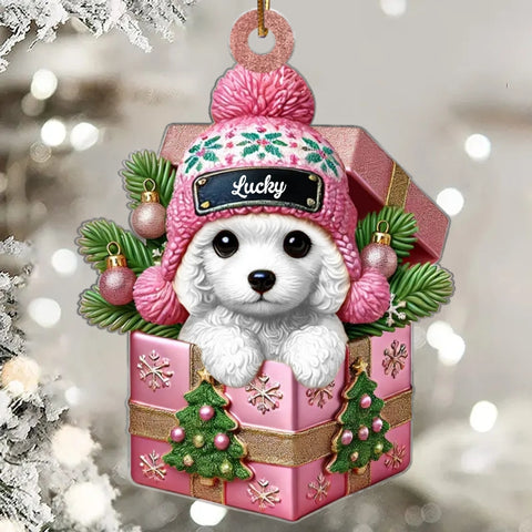 Cute Poodle Dog Inside the Gift Box Custom 2D Flat Acrylic Christmas Pet Ornament