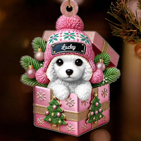 Cute Poodle Dog Inside the Gift Box Custom 2D Flat Acrylic Christmas Pet Ornament