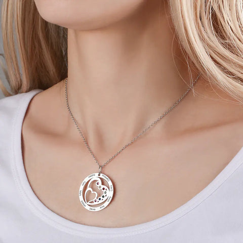 Custom Birthstone Circle Necklace with Engraved Names & Heart Design