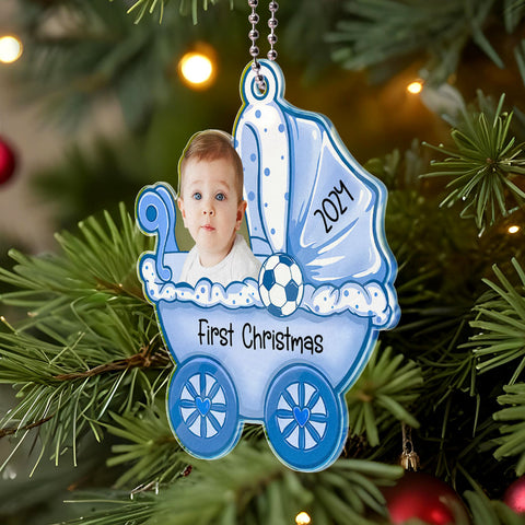 Personalized Baby's First Christmas Carriage Ornament with Custom Photo and Text