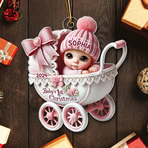 3D Effect Newborn Baby In Carriage Custom Christmas 2025 Acrylic Ornament