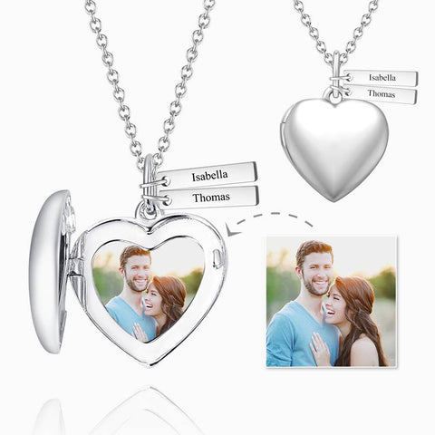 Custom Heart Photo Locket Necklace with Two Engraved Name Bars