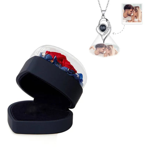 Personalized Heart Rose Jewelry Box with Custom Photo Projection Necklace