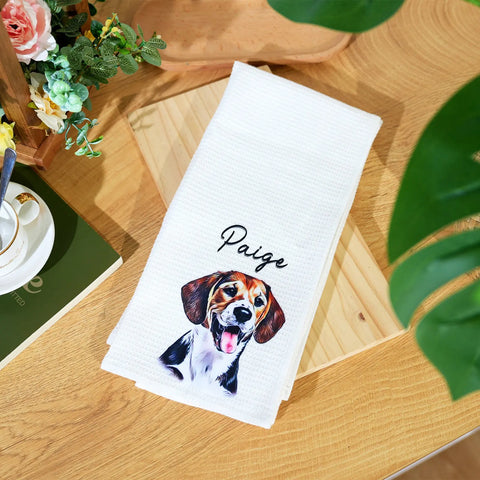 Custom Pet Photo and Name Waffle Tea Towel Oil Painting Style
