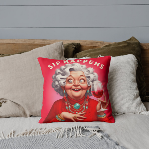 Funny Old Lady Square Pillow Sip Happiness Now