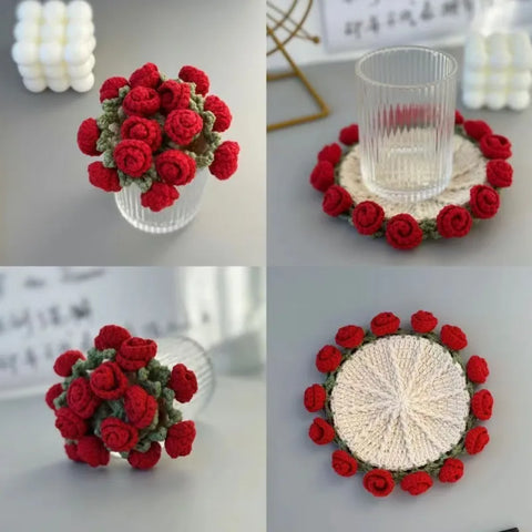 Spring Bloom Crochet Rose Coaster Handmade Gift for Her