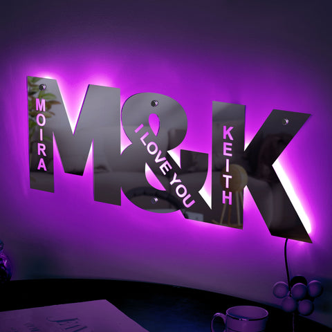 Custom Couple Initials and Names Mirror Light Personalized LED Wall Decor