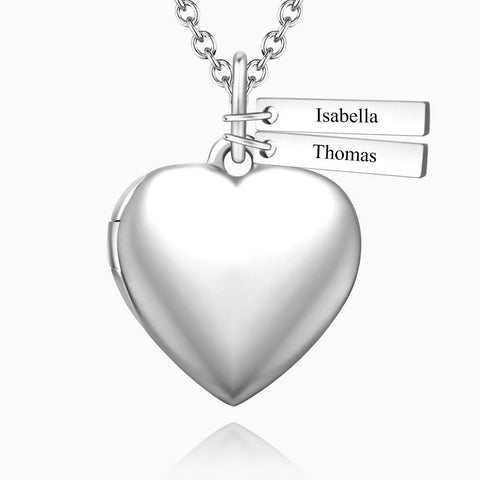 Custom Heart Photo Locket Necklace with Two Engraved Name Bars