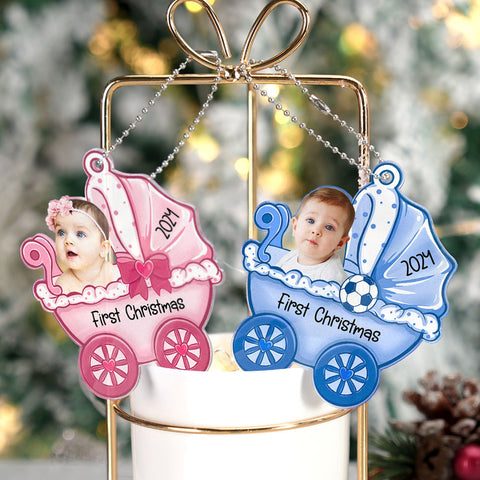 Personalized Baby's First Christmas Carriage Ornament with Custom Photo and Text