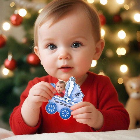 Personalized Baby's First Christmas Carriage Ornament with Custom Photo and Text