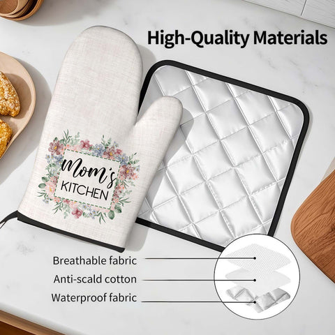 Custom Flower Print Oven Mitt and Pot Holder Set with Your Text