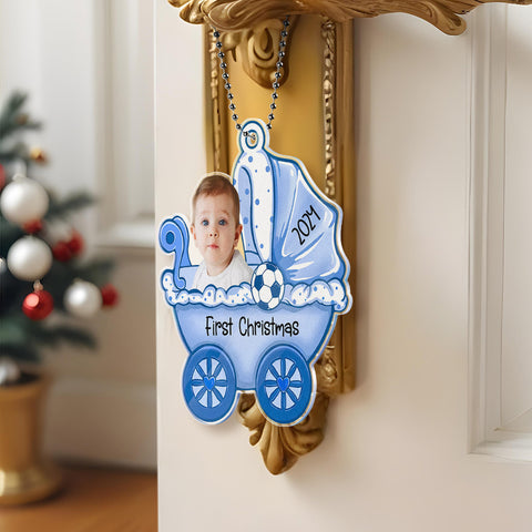 Personalized Baby's First Christmas Carriage Ornament with Custom Photo and Text
