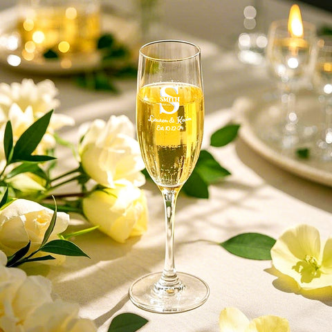 Personalized Bride and Groom Champagne Flutes with Monogram, Names & Date