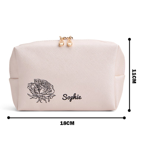 Custom Birth Flower Leather Makeup Bag