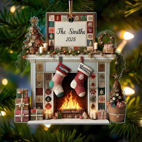 3D Effect Quilting Patchwork Fabric Patterns Fireplace Family Names Custom Acrylic Christmas Ornament 2025