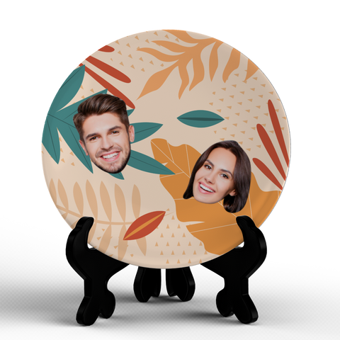 Foliage Ceramic Plate with Custom Face Photos Fall Gift for Couple