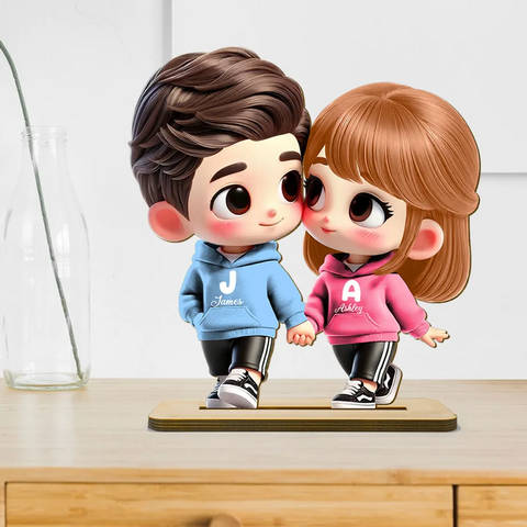 3D Effect Cute Cartoon Couple Holding Hands Custom Standing Wooden Plaque