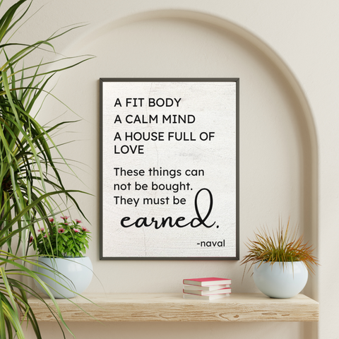 Naval Wisdom Framed Art: Calm Mind, Fit Body, Full of Love, Minimalist Quote Canvas