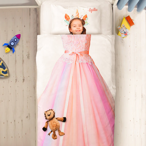 Custom Name Princess Bedding Set 2-Piece Pink Duvet Cover and Pillowcase for Girls