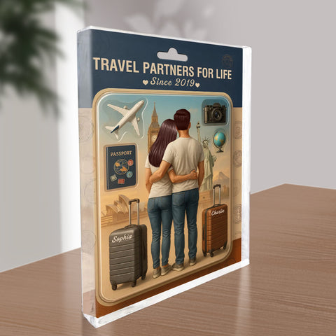 ” Travel Partners For Life" 3D Effect Custom Couple Figurine Acrylic Block 