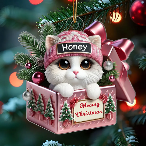 Cute Cat Inside Gift Box Custom 2D Flat Acrylic Christmas Ornament