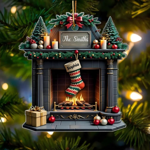 Vintage Retro Classic Fireplace Family Names Custom Acrylic Christmas Ornament