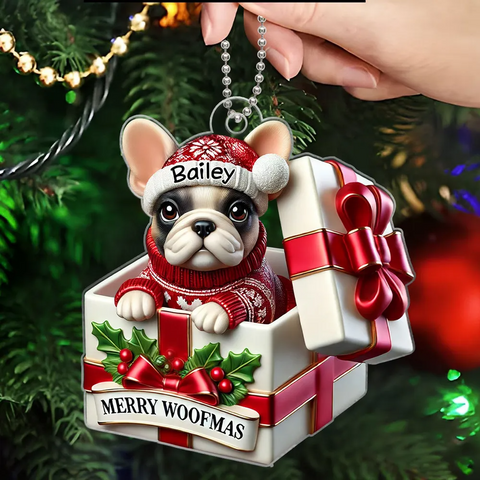 Cute Frenchie Inside Red Gift Box Cutom 2D Flat Acrylic Christmas Ornament 2025