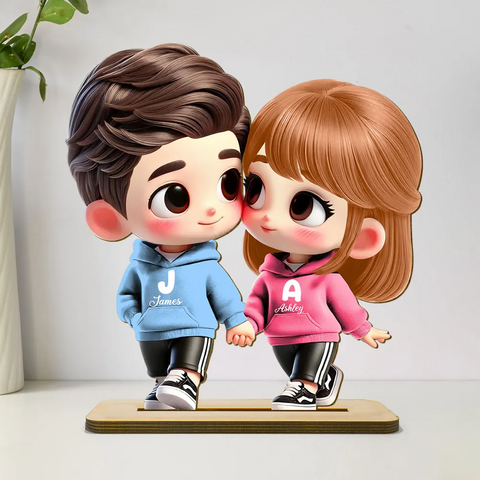 3D Effect Cute Cartoon Couple Holding Hands Custom Standing Wooden Plaque