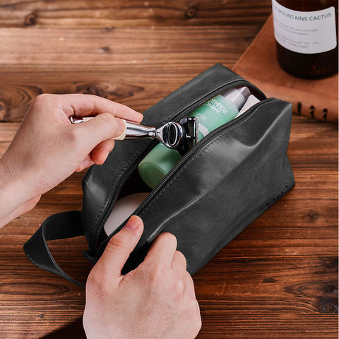 Personalized Leather Travel Toiletry Bag for Men with Engraved Name