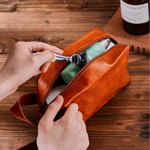 Personalized Leather Travel Toiletry Bag for Men with Engraved Name