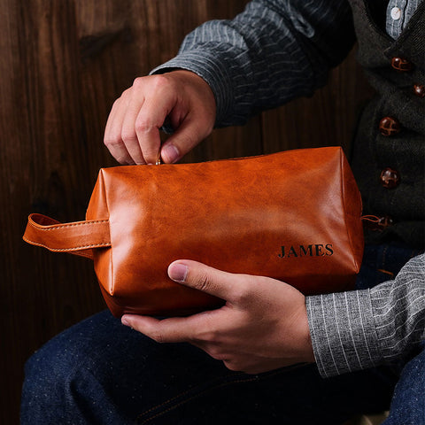 Personalized Leather Travel Toiletry Bag for Men with Engraved Name